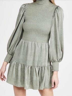Alice + Olivia Elvira Smocked Mock Neck Sage Green Mini Dress size 10